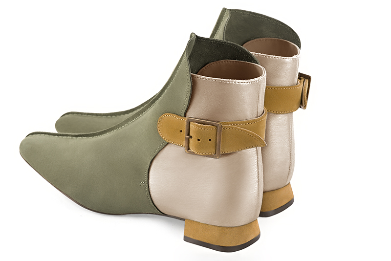 Khaki green, gold and mustard yellow women's ankle boots with buckles at the back. Square toe. Flat flare heels. Rear view - Florence KOOIJMAN